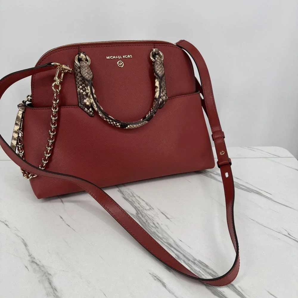 Michael Kors Hudson Large Leather Dome Satchel Terracotta Snakeskin Chic Set